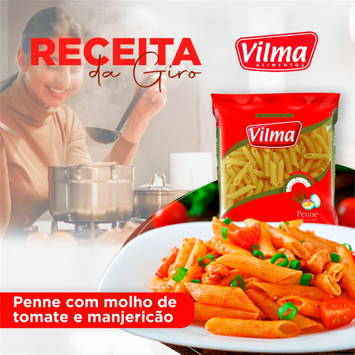 Post de receita com macarrão Vilma da Rede Giroforte